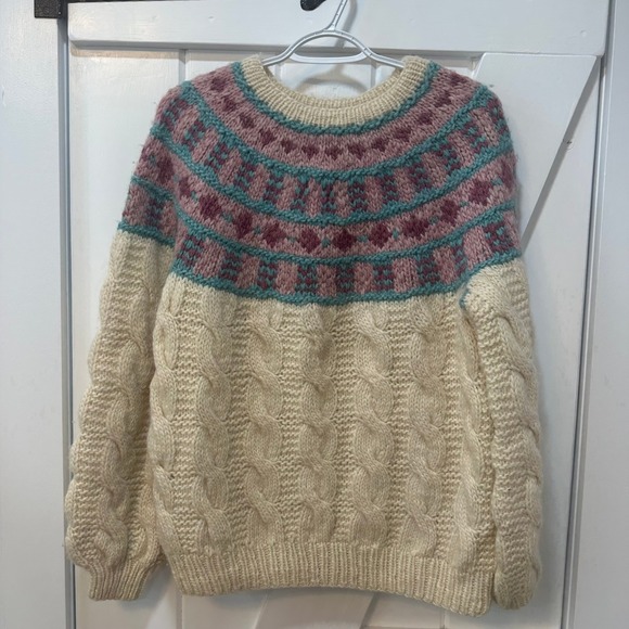 Fron Enterprises Sweaters - Fron Enterprises Hand Knit Sweater Large 100% Virgin Wool Canada Crew Cable Pink